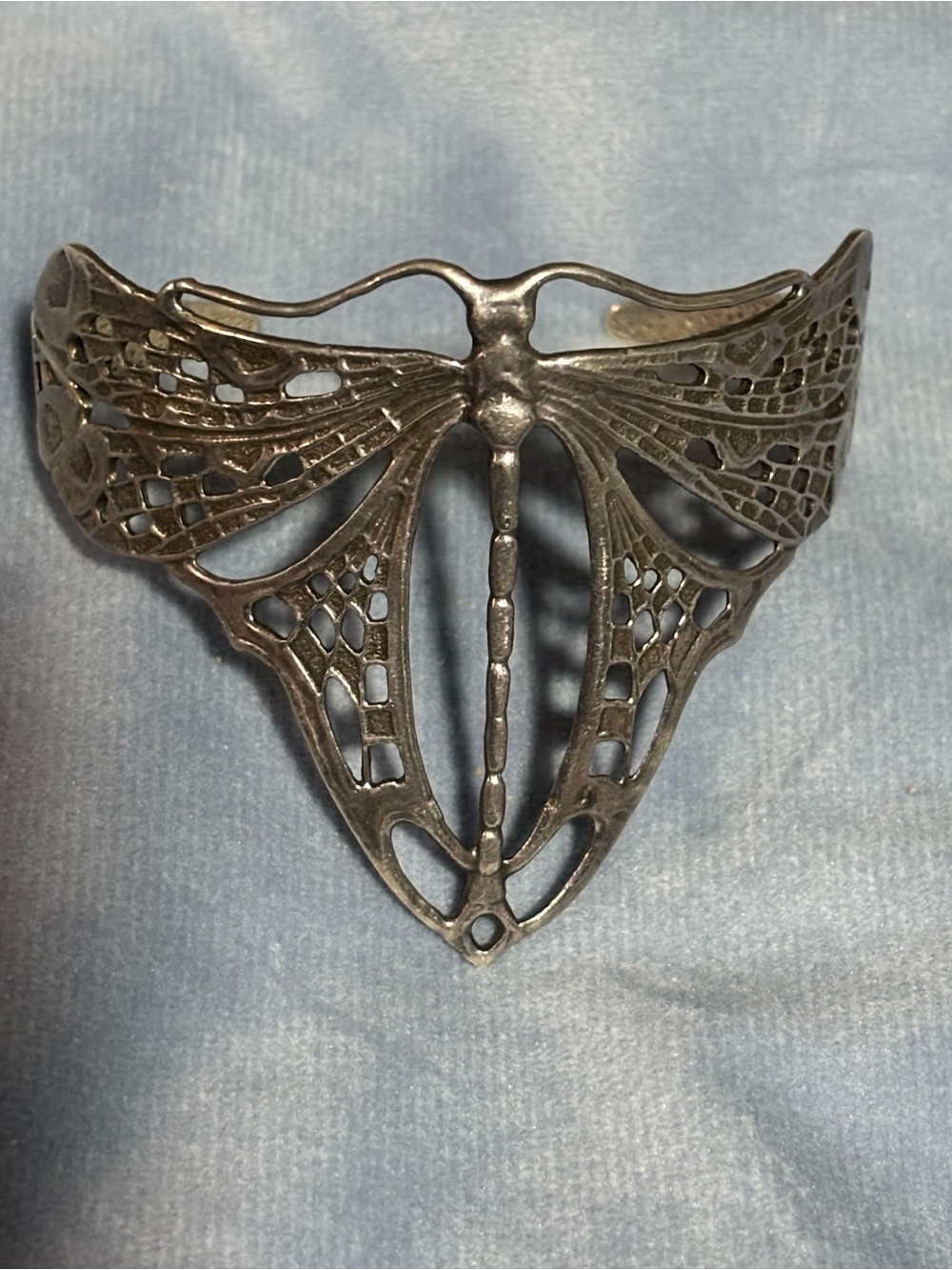 .925 Sterling dragonfly cuff bracelet detailed filigree wings Art Nouveau style